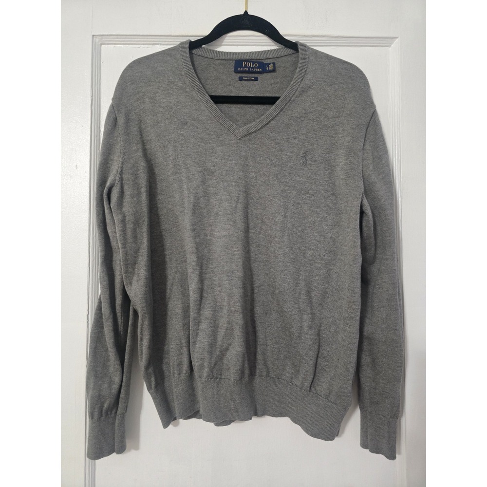 Polo Ralph Lauren Pima Cotton Knit V-Neck Sweater Grey Mens Size Large FLAW